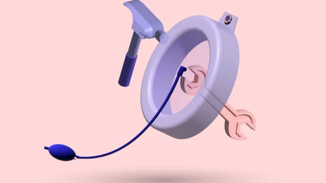 A 3D vacuum bell and hand pump with a hammer and wrench behind them