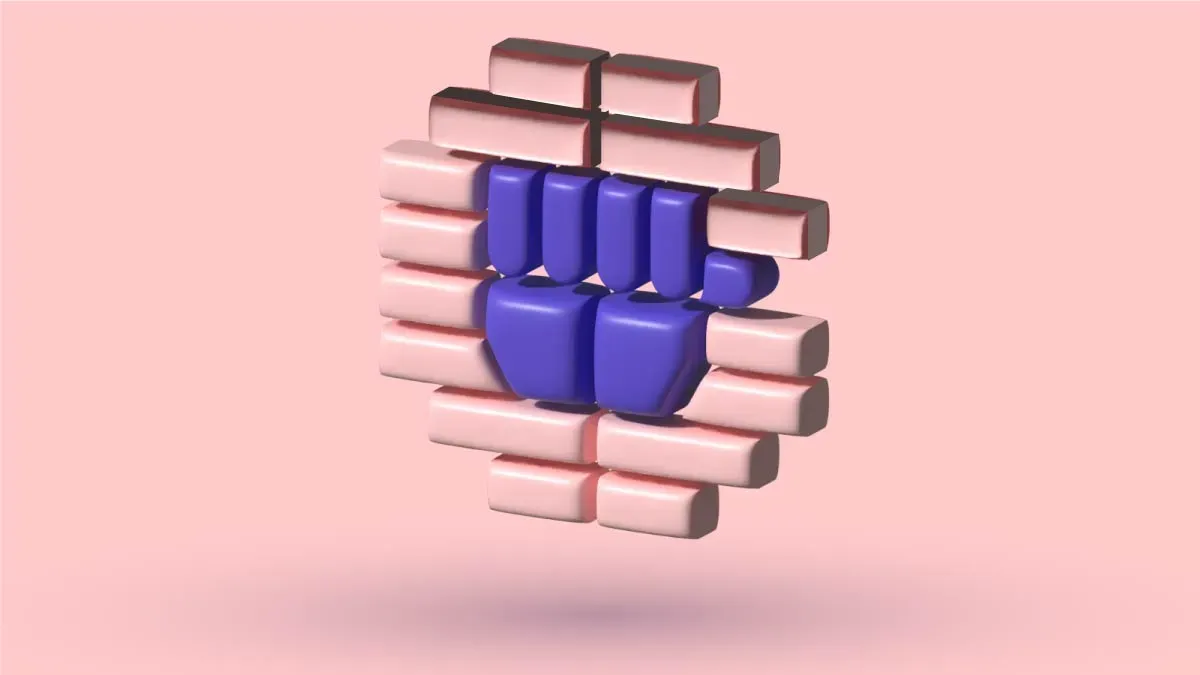 A 3D heart built from blue blocks set into a pink brick wall