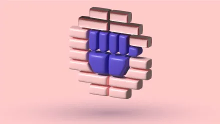 A 3D heart built from blue blocks set into a pink brick wall