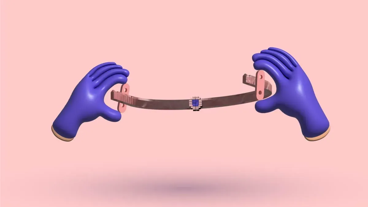 Two 3D surgical-gloved hands holding a curved Nuss bar by both ends