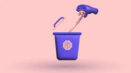 A 3D gloved hand dropping a Nuss bar into a waste bin