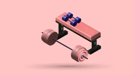 A 3D weight bench with a loaded barbell and a pair of dumbbells