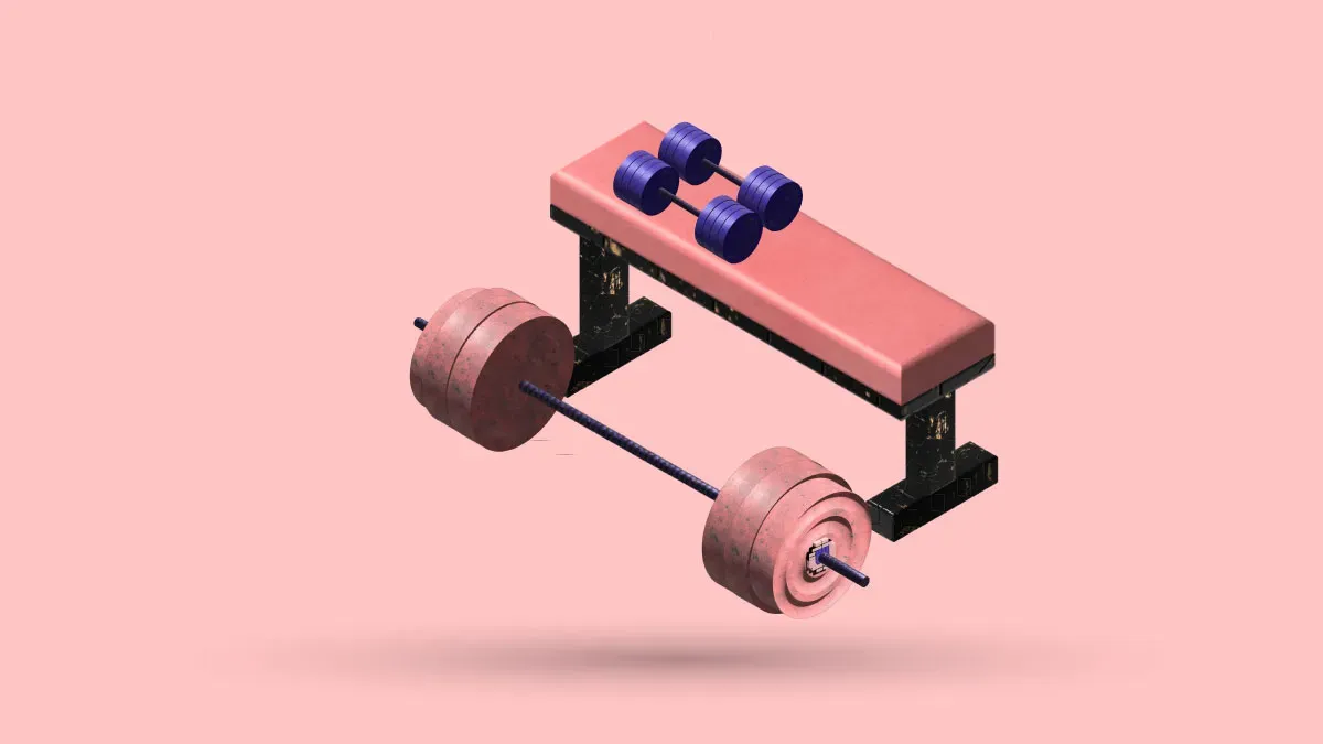 A 3D weight bench with a loaded barbell and a pair of dumbbells