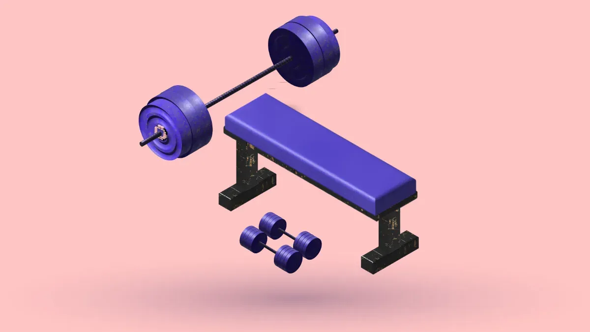 A 3D weight bench in blue with a loaded barbell and dumbbells around it