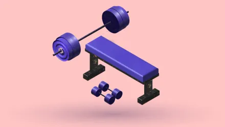 A 3D weight bench in blue with a loaded barbell and dumbbells around it