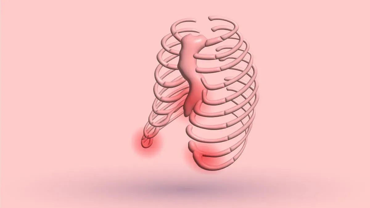 A 3D rib cage with the lower ribs glowing red where the pain sits