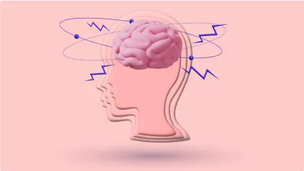 A 3D head in profile, the brain exposed and ringed by orbiting lines and lightning bolts