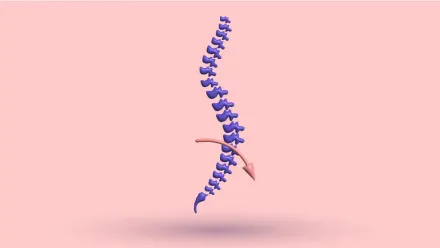 A 3D spine seen from the side with an arrow curving forward at the lower back