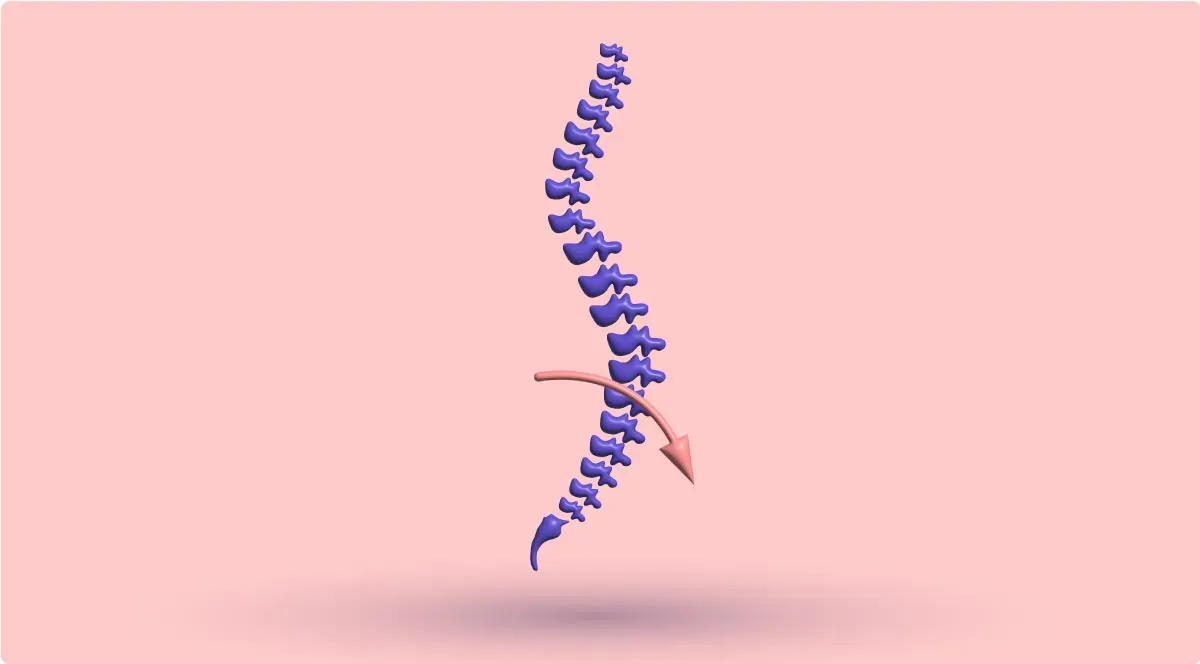 A 3D spine seen from the side with an arrow curving forward at the lower back