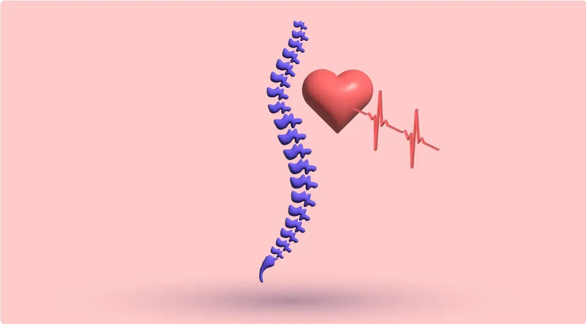 A 3D spine beside a heart trailing an ECG trace