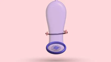 A 3D condom with a Nuss bar strapped around it