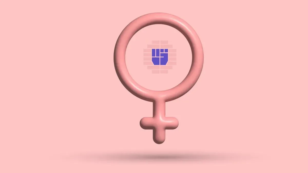 A 3D female symbol in pink with a pixel-art chest inside the ring