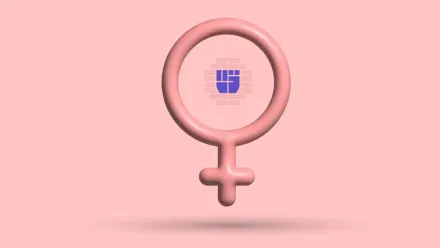 A 3D female symbol in pink with a pixel-art chest inside the ring