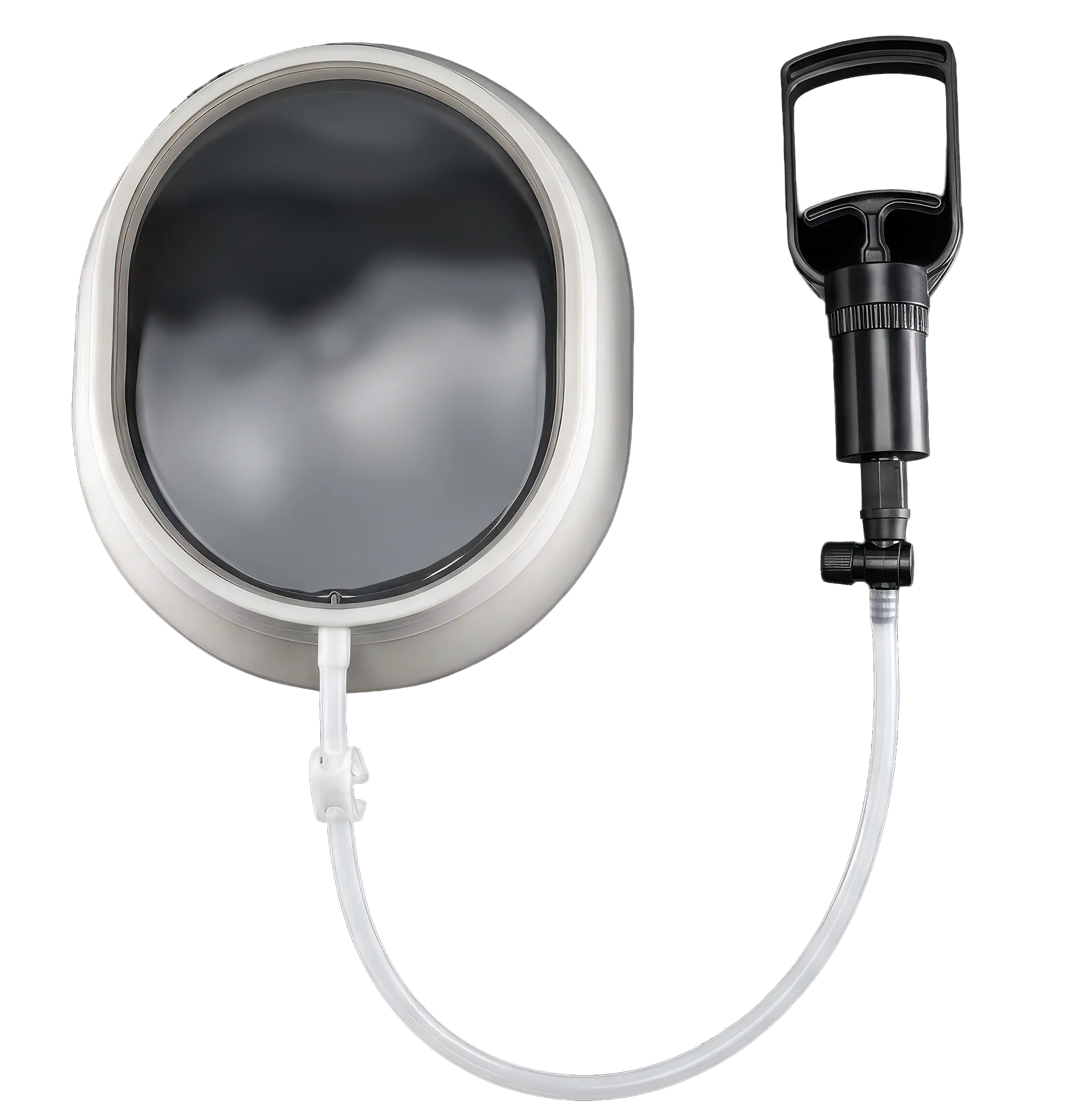 The vacuum bell head-on, showing the clear window across the whole opening
